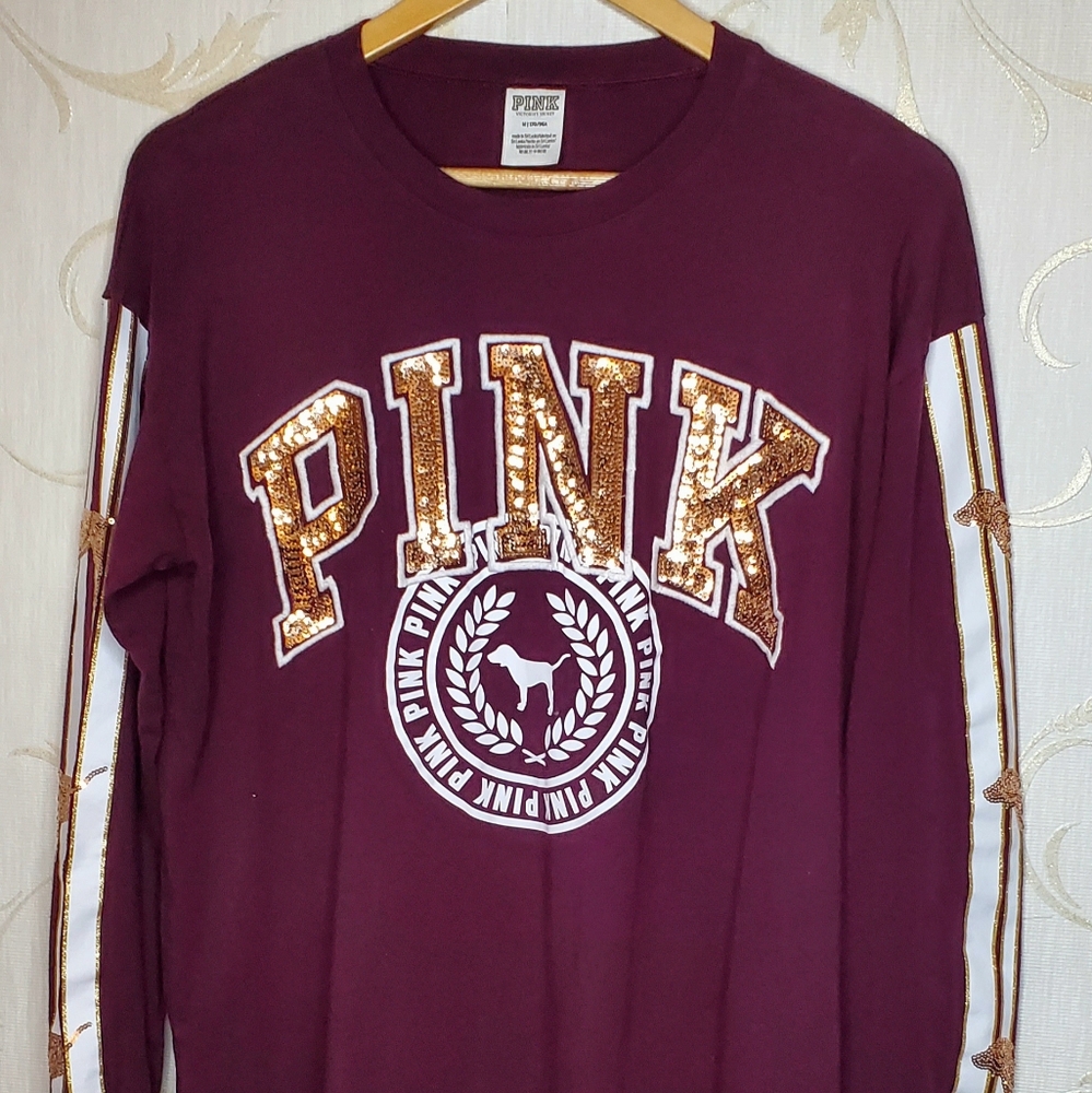 Victoria Secret PINK Maroon White Gold Bling Longsleeve Top NEW Condition Medium